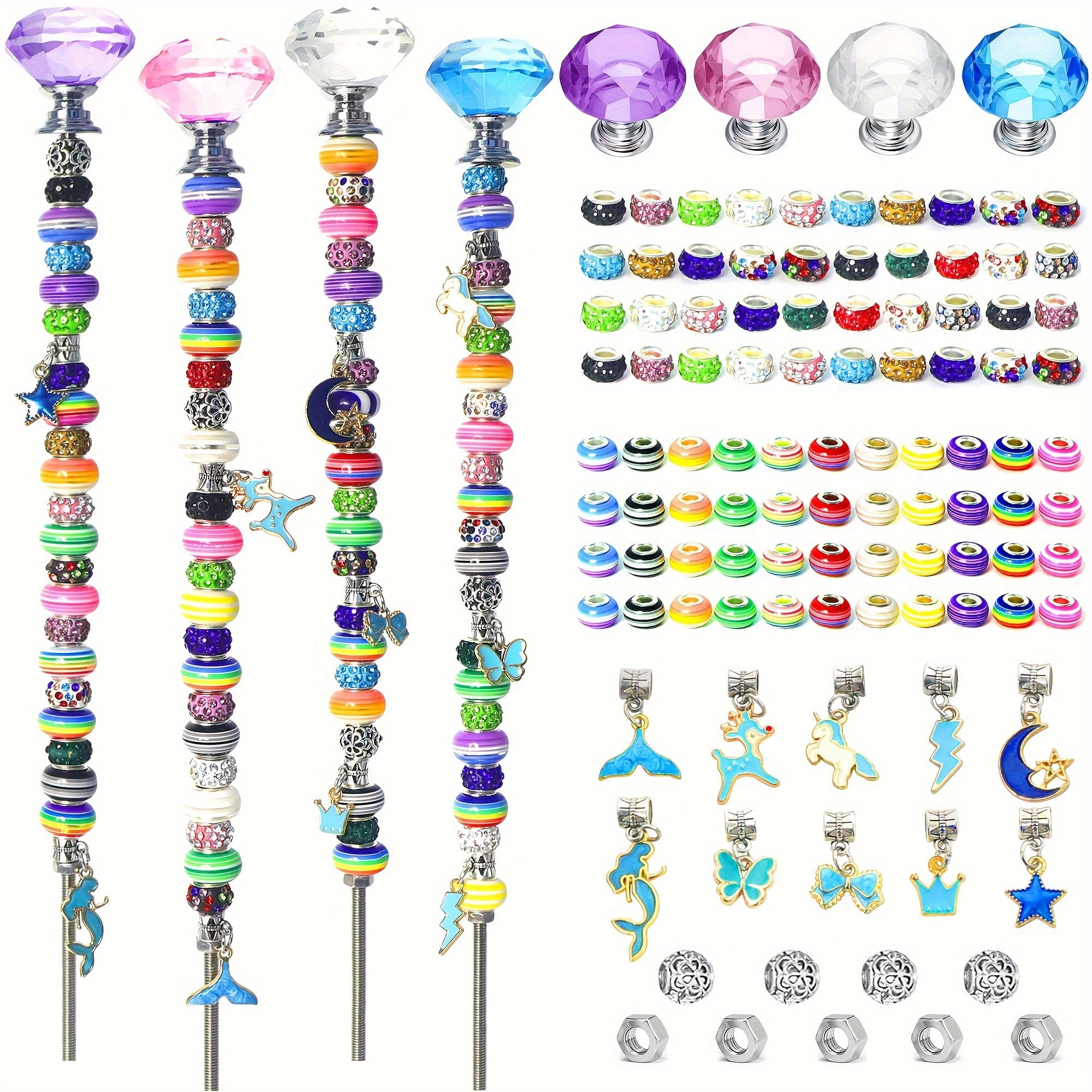 TEMU 107pcs Decorative Garden Stake Set With Crystal Toppers, Antique Silvery Bail & Pendant Beads - Durable Stainless Steel Outdoor Decoration