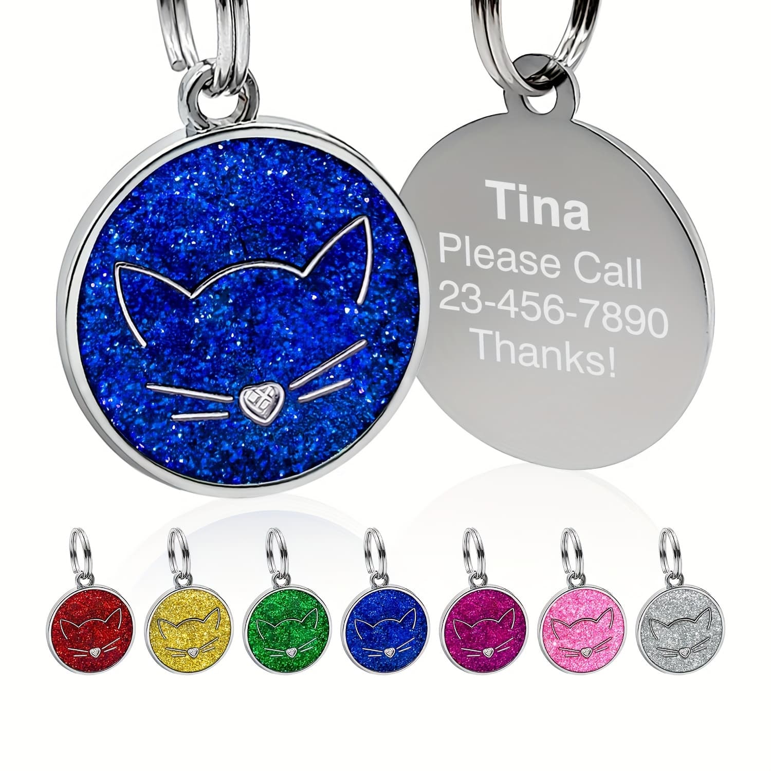 TEMU [customized] Round Cat Face Glitter Dog Tag - Total