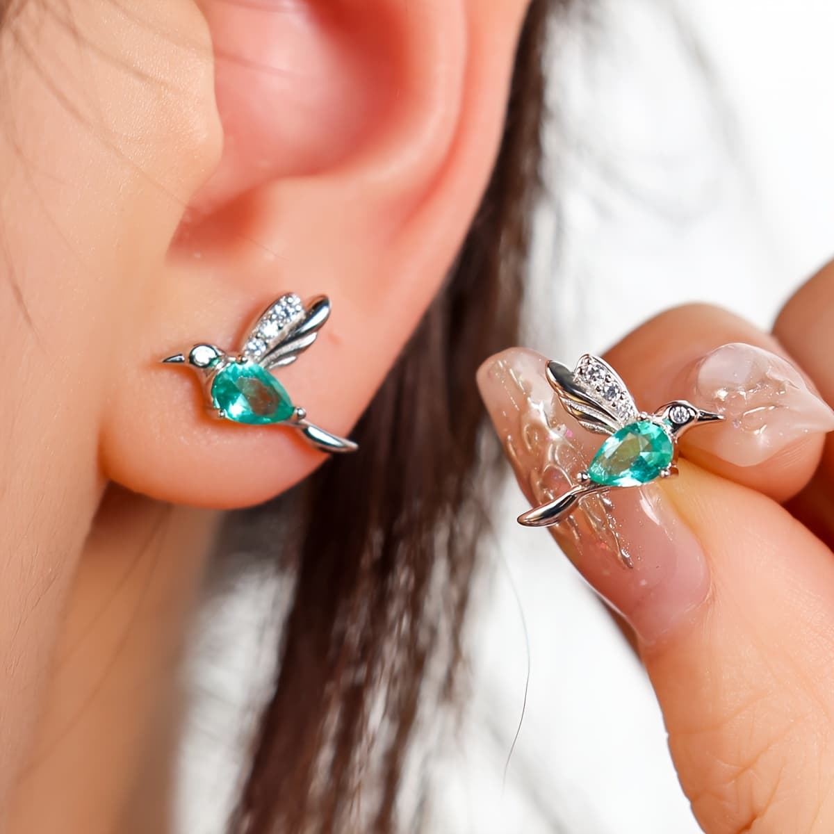 TEMU Hummingbird Shaped Stud Earrings 925 Sterling Silver Hypoallergenic Jewelry Zirconia Inlaid Elegant Bohemian Style Pretty Female Gift