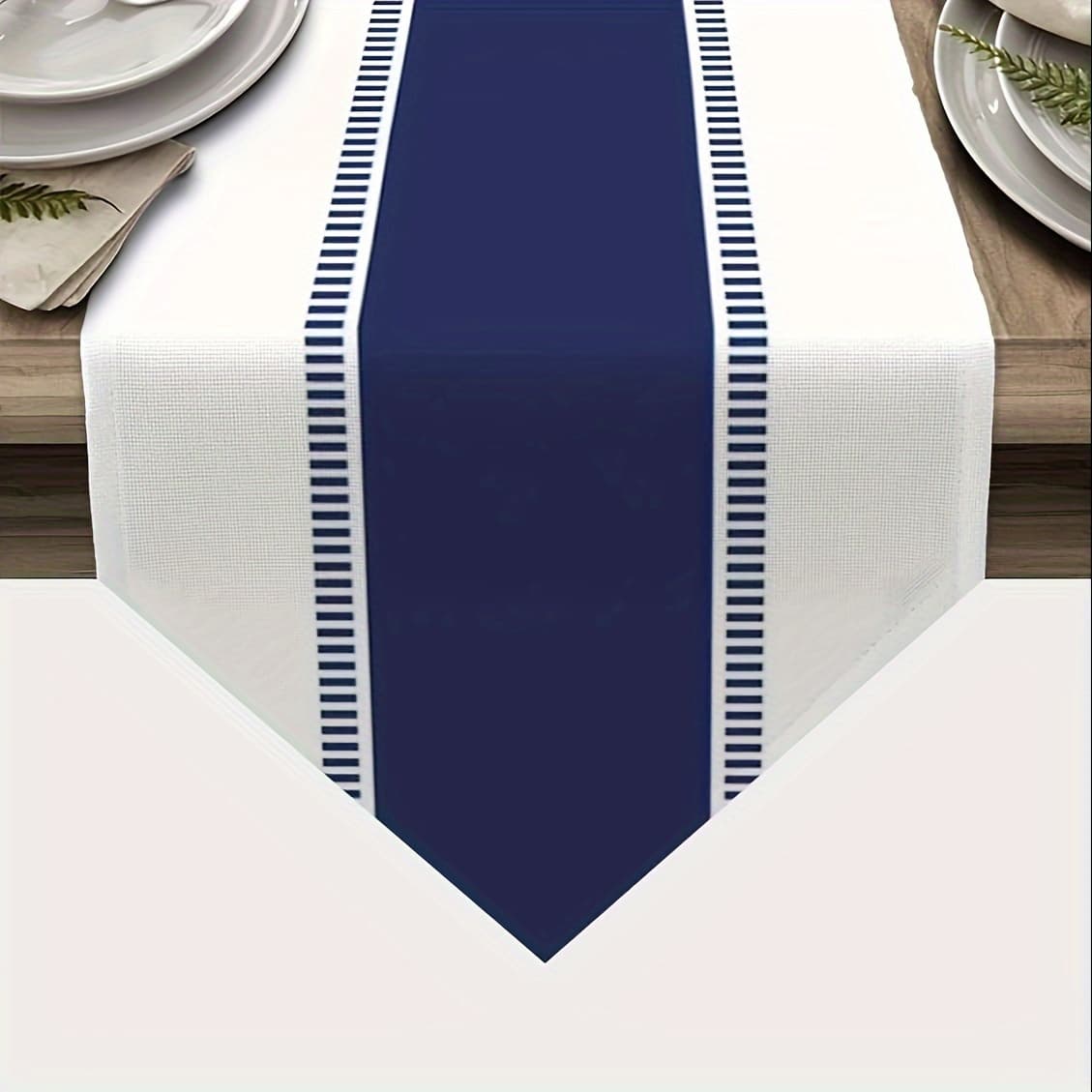 TEMU 1pc, Blue White Table Runner, For Kitchen, Dining Table, Summer Theme Solid Color Stripe Coffee Table Runner, Linen Farmhouse Runners For Party, Dresser Scarves