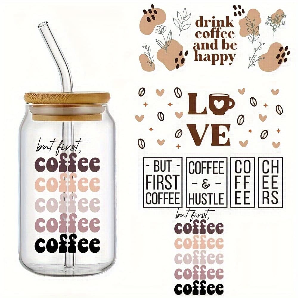 TEMU 4pcs Coffee-themed Uv Dtf Cup Wraps - Waterproof, Scratch-resistant Decals For 16oz Glass & Plastic Bottles - Diy With Vibrant Designs