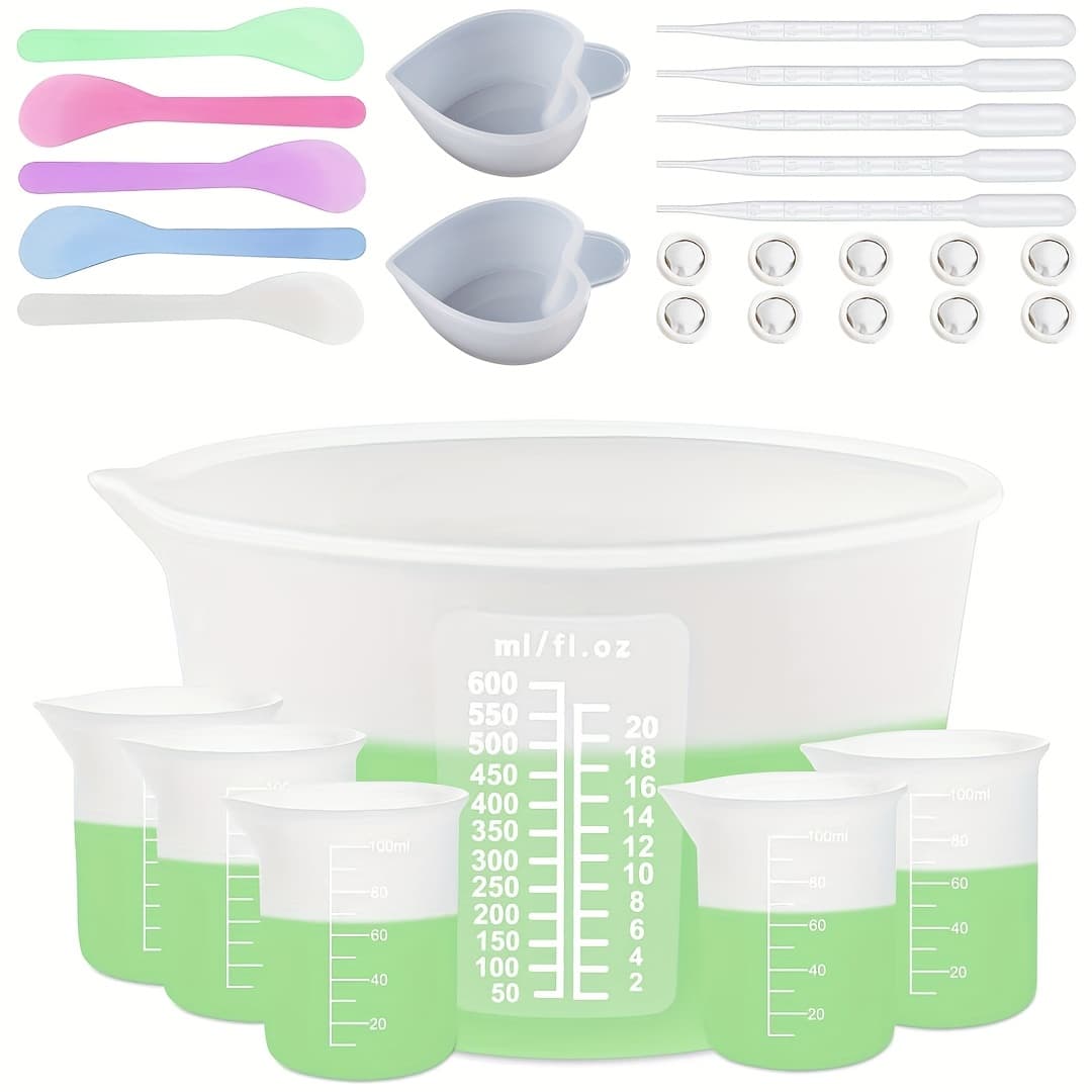 TEMU Silicone Resin Measuring Cups Kit – 600ml & 100ml Mixing Bowls With Spoons, Pins & Stirring Tools – Non-electric, Durable Resin Casting & Jewelry Making Supplies For Epoxy, Molds & Crafts