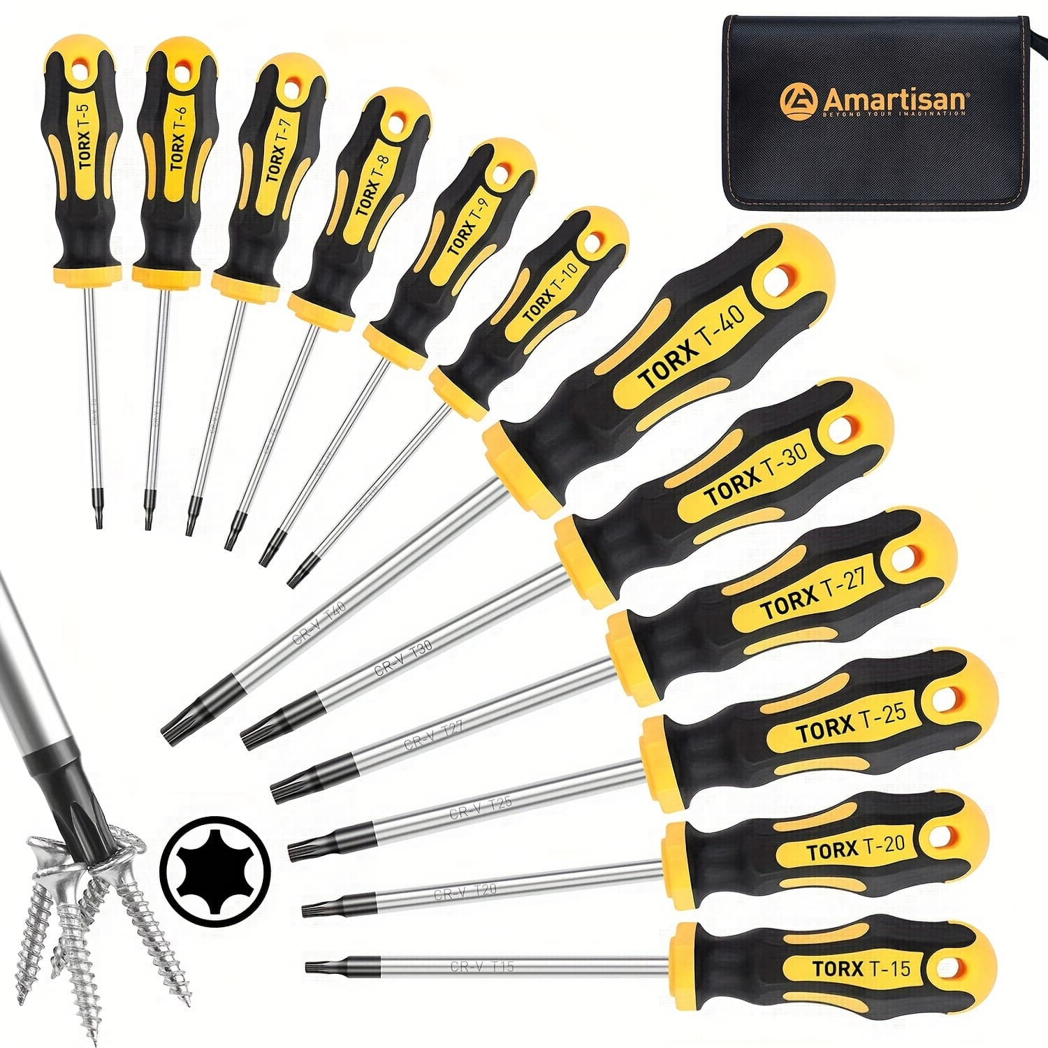 TEMU Amartisan 12pcs Magnetic Torx Screwdriver Set, Steel, Ergonomic Grip, T5-t40 Sizes - Ideal For Home Appliances & Motorcycles