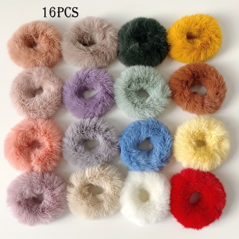TEMU 16pcs Plush Faux Rabbit Hair Scrunchies - Candy Color Assortment Soft Fluffy Hair Ties For Women S, Cute Minimalist Hair Accessories For, Gym, Sleepovers
