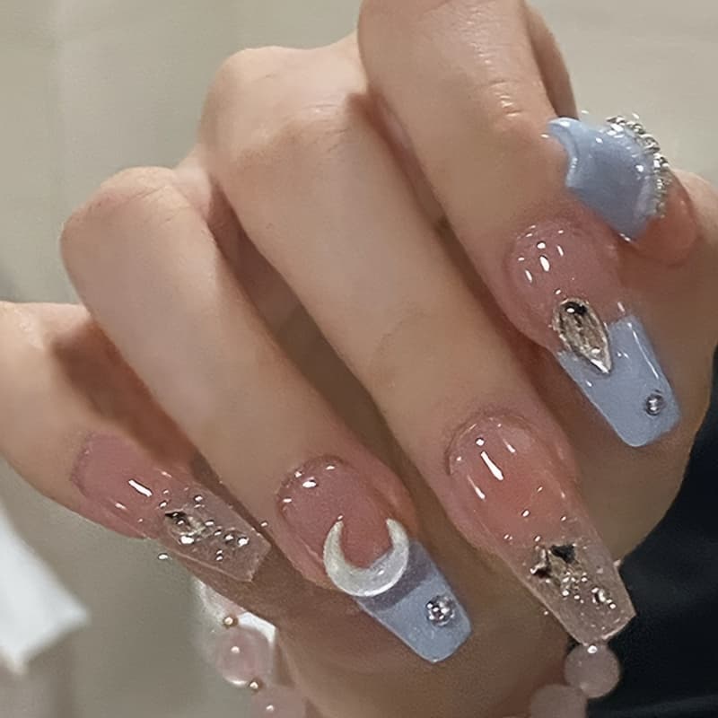 TEMU 24pcs Press-on Nails Macaron Colored Style Star Moon Design Full Coverage Suitable For Women And