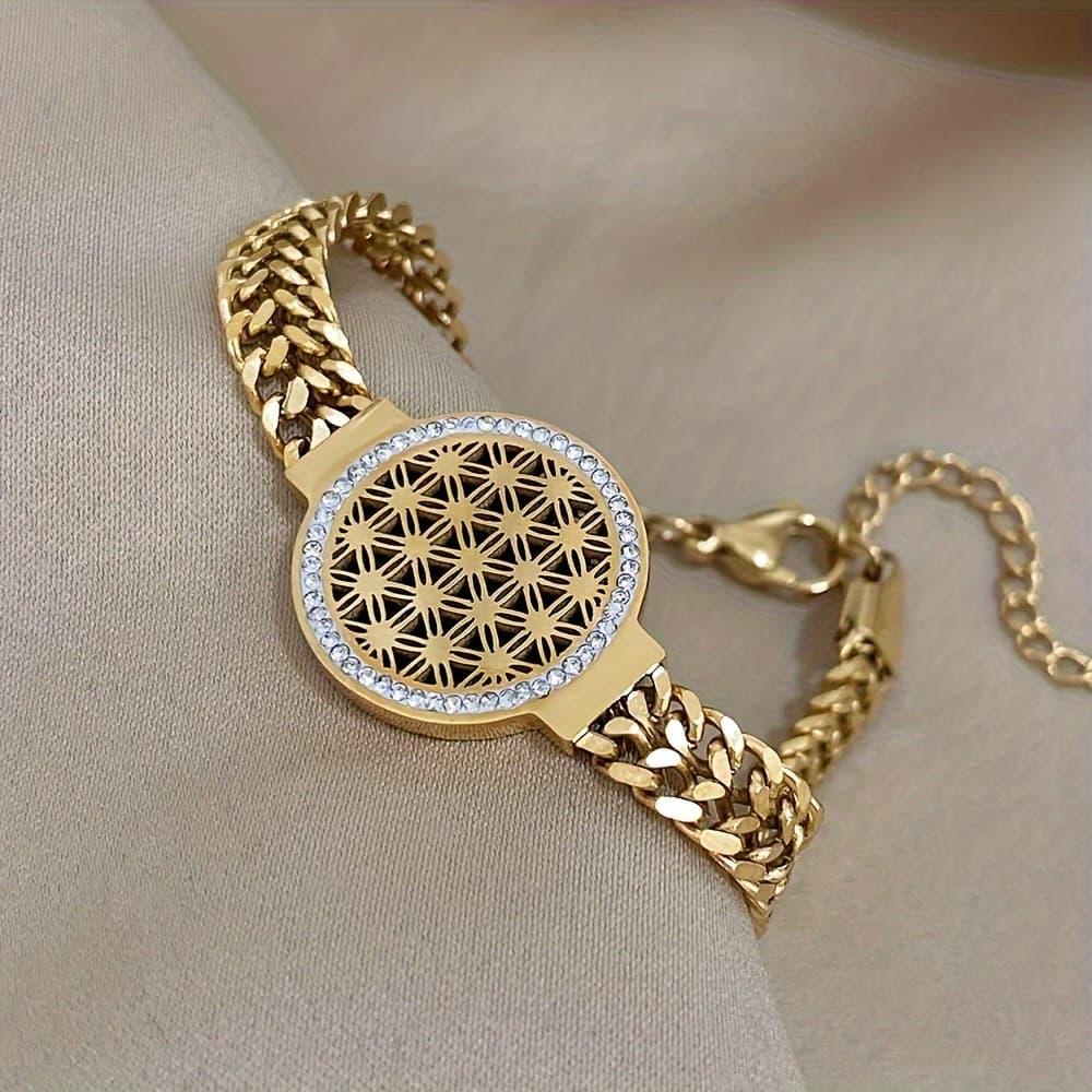TEMU Flower Of Life Stainless Steel Bracelets For Women Golden Inlaid Rhinestones Big Round Wrist Jewelry-perfect For Casual Attire Or Parties, Gifts For Birthdays Additions