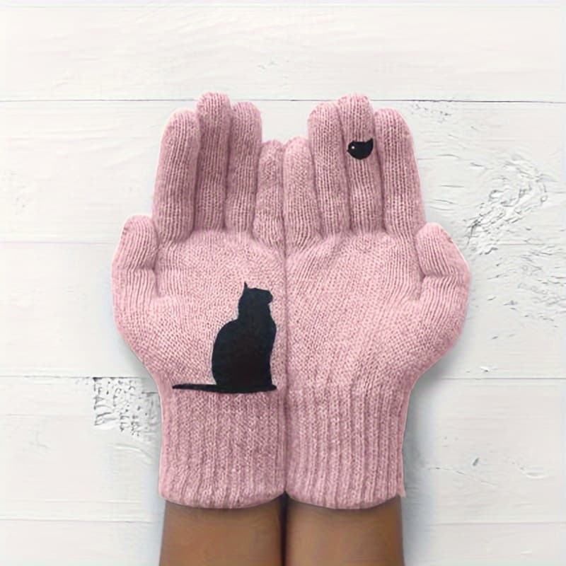 TEMU Hot Selling Women's Gloves In Stock, Autumn Winter Outdoor -proof Thickened Cat Print Gloves