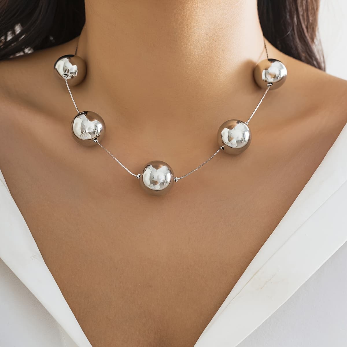 TEMU 1 Stylish Minimalist Casual Silvery Ccb Round Bead Chain Women's Necklace Collarbone Chain