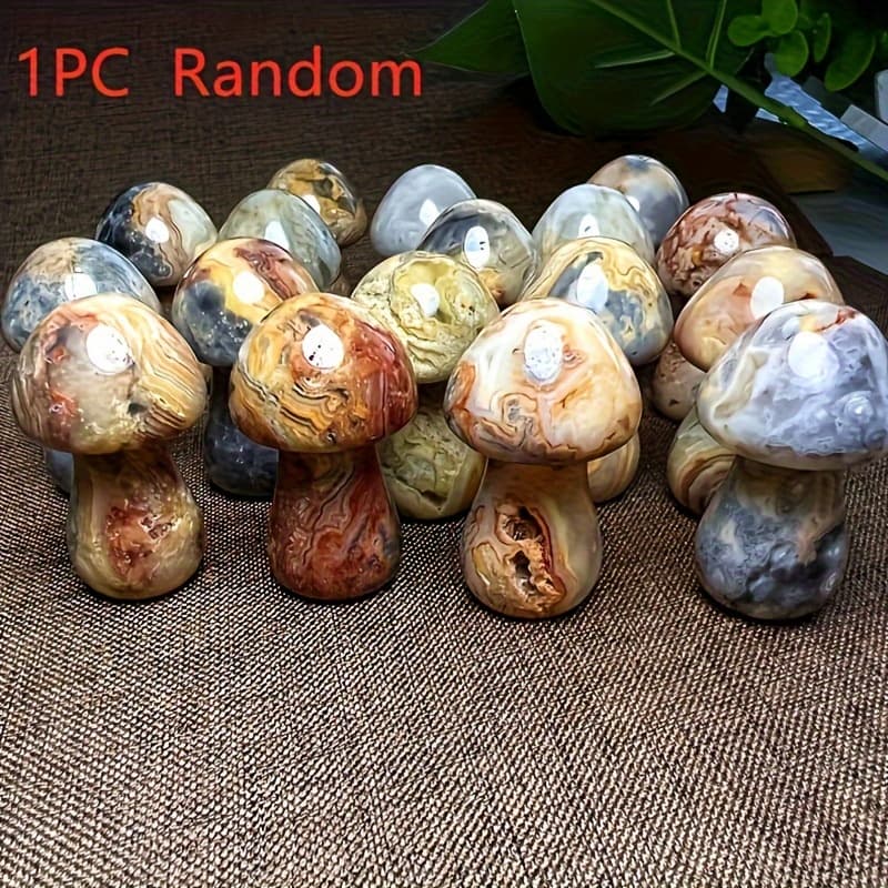 TEMU 1 Random Unique Natural Agate Mushroom - Striped And Ice-cracked Quartz Body, Perfect Gift For