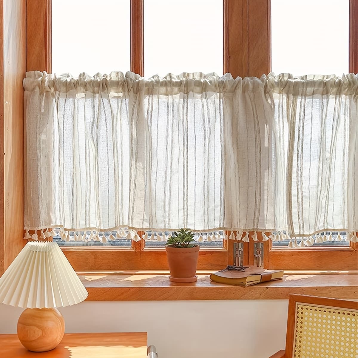 TEMU 1 Japanese Striped Curtain, Simple Linen Material With Tassel Edge Rod Drape For Kitchen And Dining Room Window Decoration And Covering