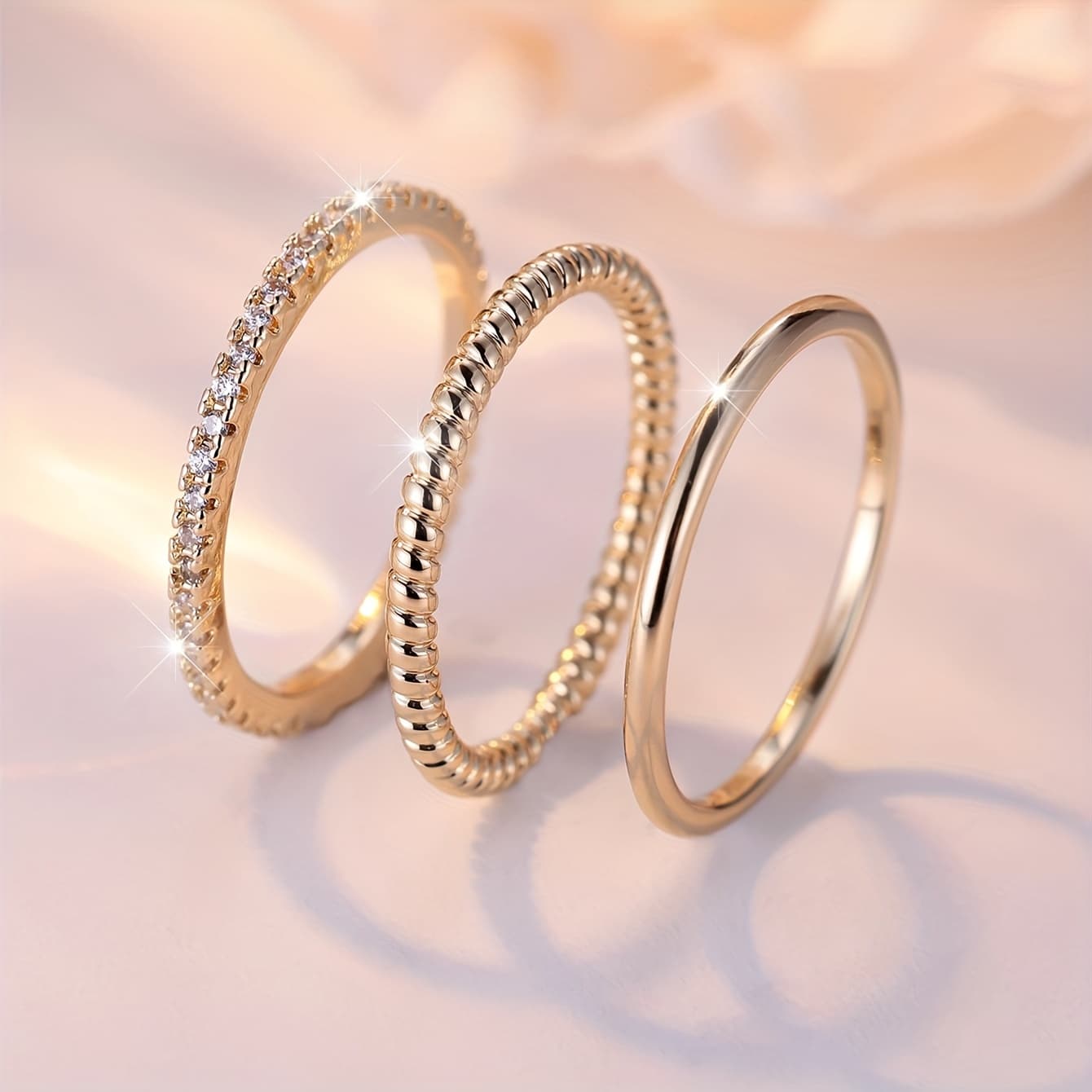 TEMU Minimalist Women's 3pcs Set Of Plain Band/light Bead/ Zirconia Combination Rings, Daily Versatile Banquet Party Light Luxury Jewelry Gift