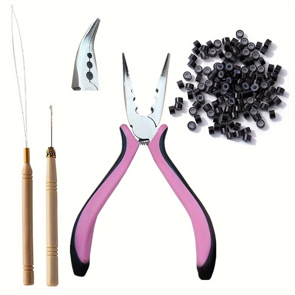TEMU Of The Hair Extension Tool Set: Pliers, Mini Puller, And Pull Ring Hair Extension Rings With A Pink Three-hole Plier For And Multifunctional Bead Pulls.