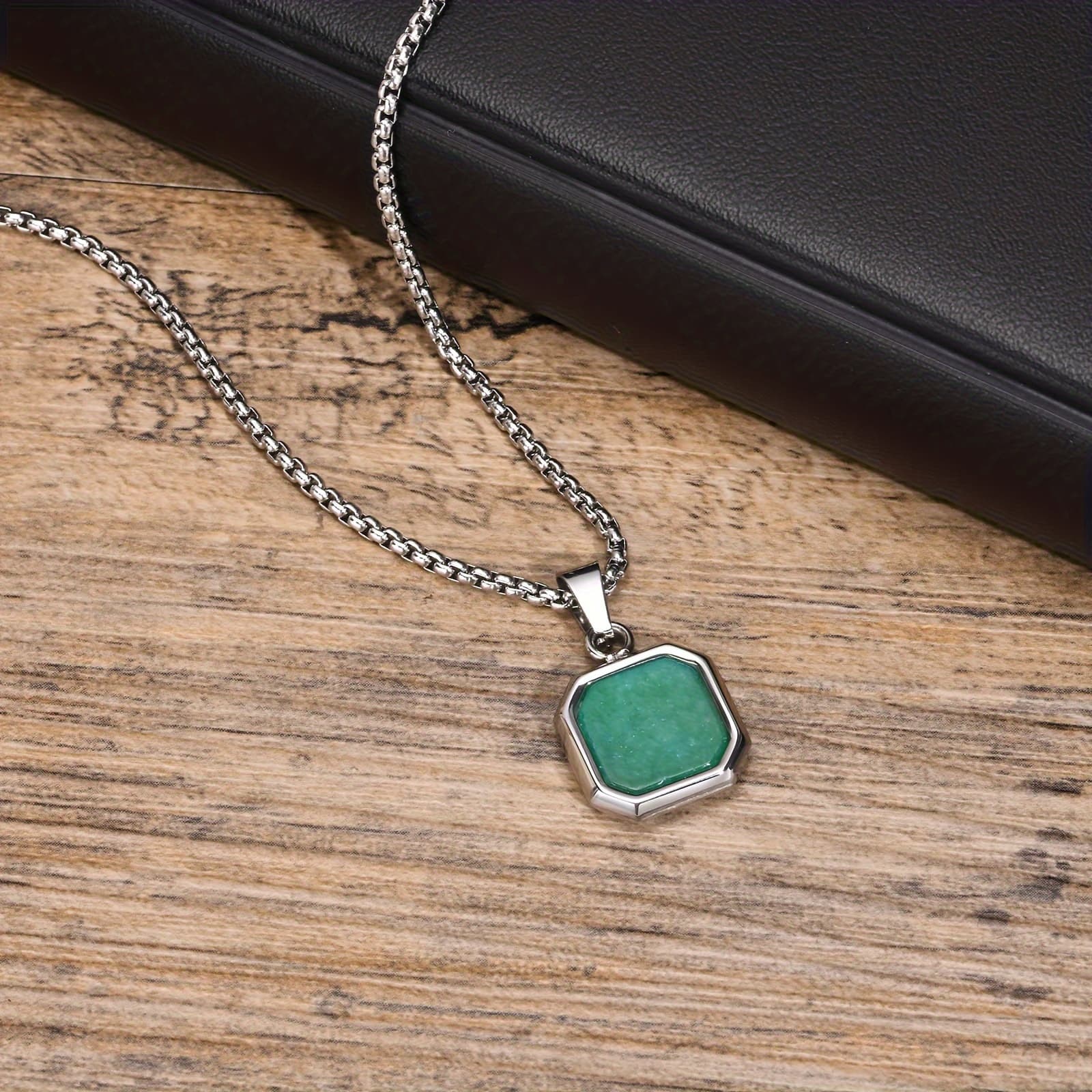 TEMU 304 304 304 304 Stainless Steel Green Stone Three-dimensional Square Pendant Necklace Fashion Men's Pendant Necklace