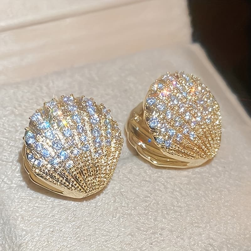 TEMU Luxury Inlaid Bling Synthetic Zirconia Creative Shell Ring Earrings Women's Fashion Matching Jewelry