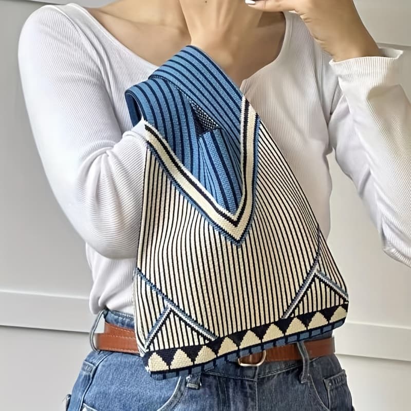 TEMU Vest Bag Vest Bag Trendy Knitted Geometric Pattern Shoulder Handbag Large Capacity Commuter Bag For Women