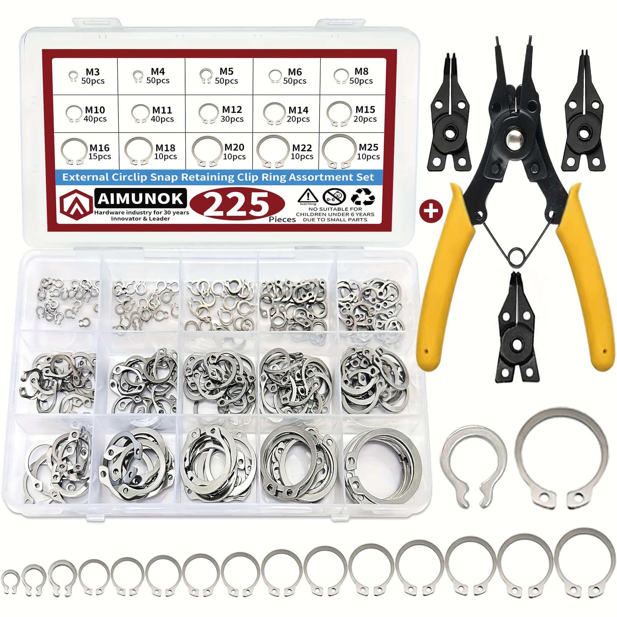 TEMU 226pcs 4in 1 Snap Ring Pliers With External Retaining Rings Snap Rings Assortment Kit 304 Stainless Steel External Circlip Snap External Retaining C-clips Rings Set, 15 Sizes