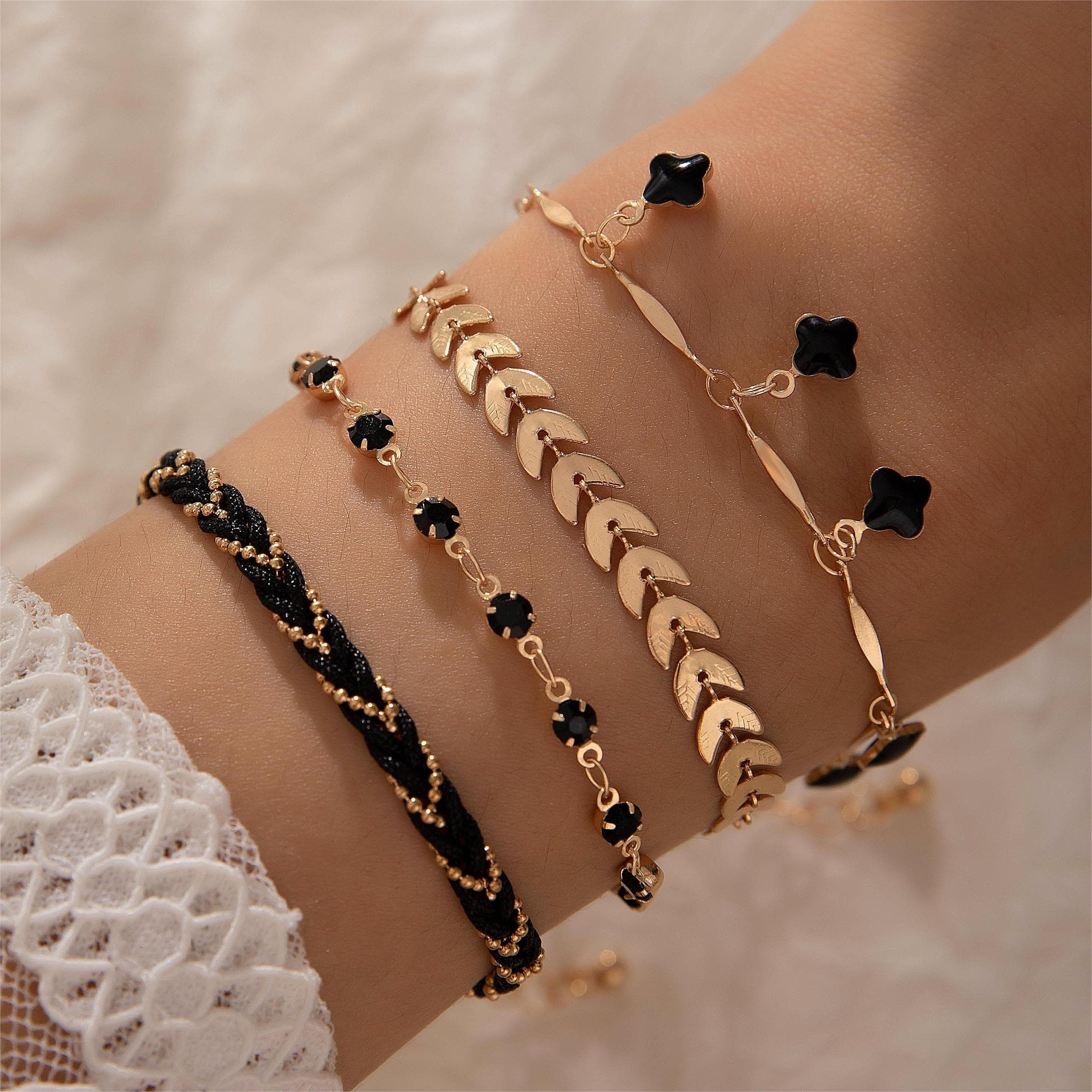 TEMU 4pcs Set: Stylish And Versatile Daily Wear Additions - Handcrafted Rope Bracelet Set With Geometric Moon, Rhombus, And Flower Designs For Women
