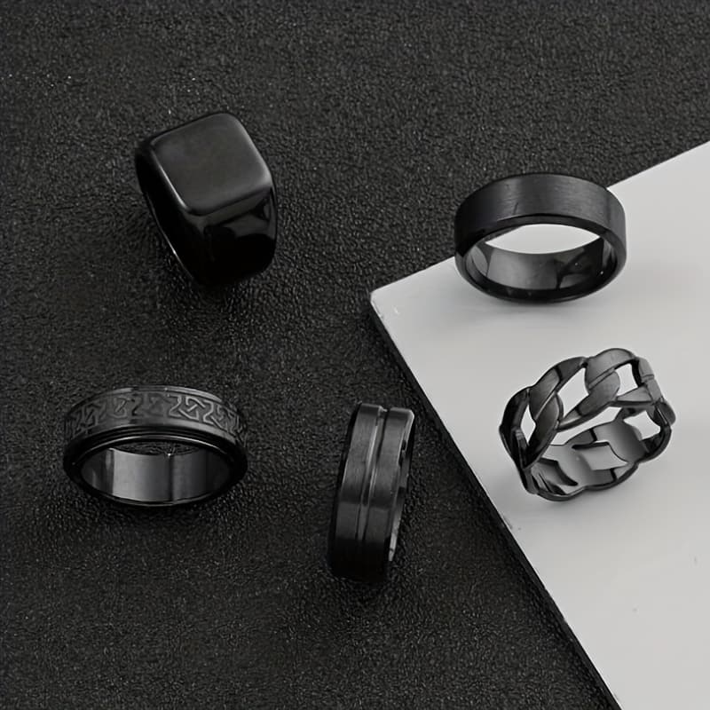 TEMU 5pcs Fashion Stainless Steel Rings Set Rotatable Black Geometric Ring Easy Hollow Ring Men's Wedding Dating Ring Set Additions