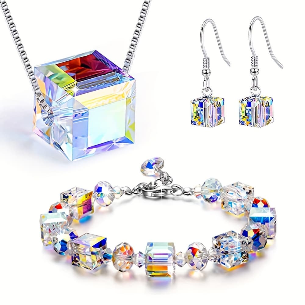 TEMU 4pcs Sugar Cube Artificial Bracelet, Necklace And Earrings Set, Luxury Sparkling And Gorgeous Jewellery Set, Suitable For Women' Wear, Holiday, Banquet And Party