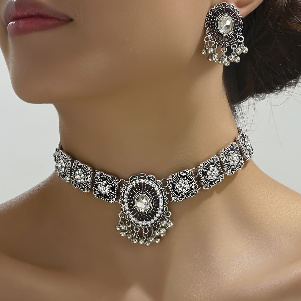 TEMU 1 Necklace + 1 Pair Of Earrings, Indian Bohemian Style Luxury Fringe Heavywork Women's Necklace And Earrings Set