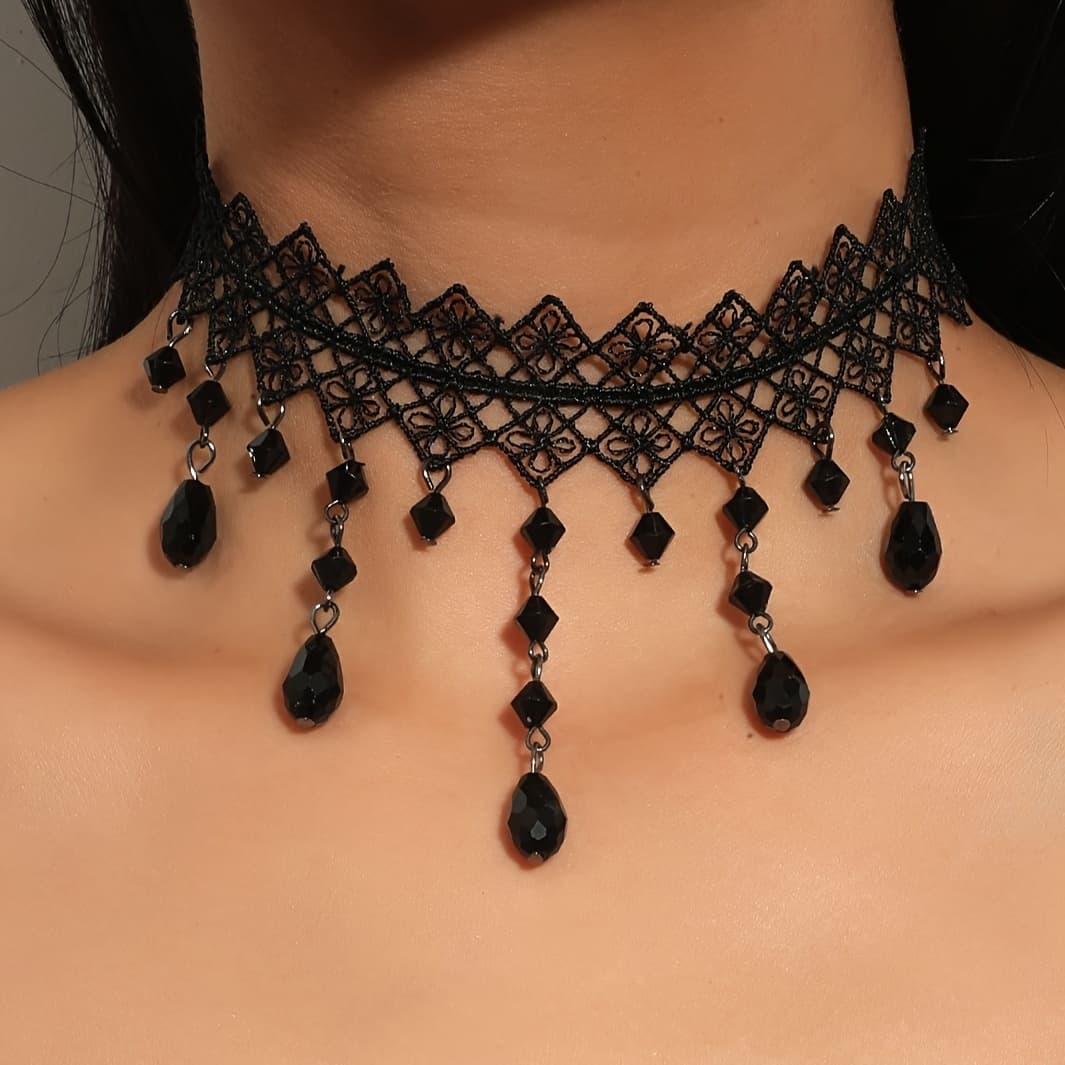 TEMU A Stylish Black Lace Neckpiece Featuring A Teardrop Pendant - Ideal For Weddings, Celebrations, And Halloween