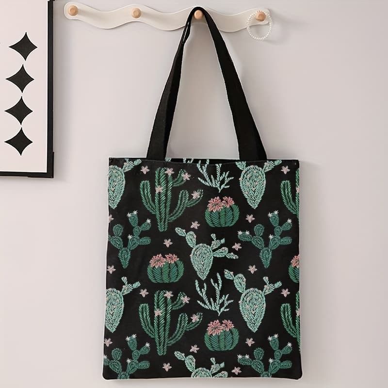 TEMU Embroidered Cactus Pattern Double-sided Printed Casual Tote Bag, Reusable Fashion Backpack, Multifunctional Handbag, Letter Printed Shopping Bag
