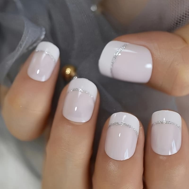 TEMU 24pcs/box Short Square-oval Light White Press-on False Nails With Silvery Lines On The Edges