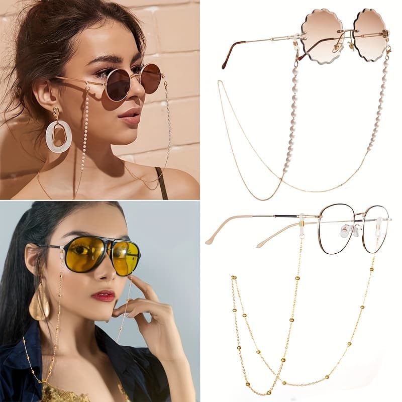 TEMU Set Of 2 Beaded Glasses Chains Made Of Pearls, Adjustable For Glasses, Can Be Used As A Face Mask Chain Or Eyewear Holder, Featuring A Lanyard Strap For Eyeglasses