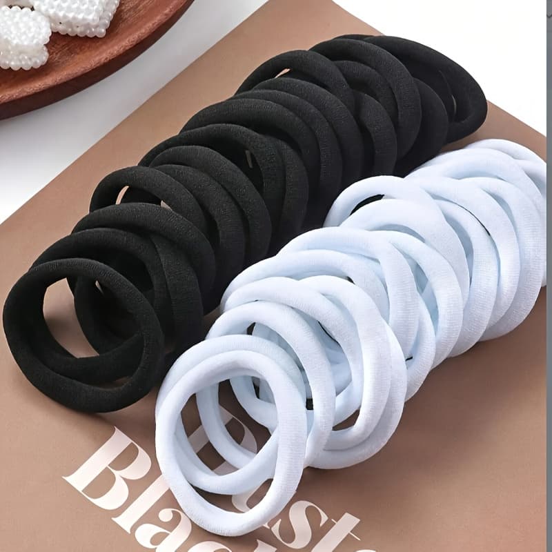 TEMU 50pcs High Stretch 4cm Seamless Soft Rubber Hair Bands | Black And White Combination, Spandex, Vintage And Minimalist Style