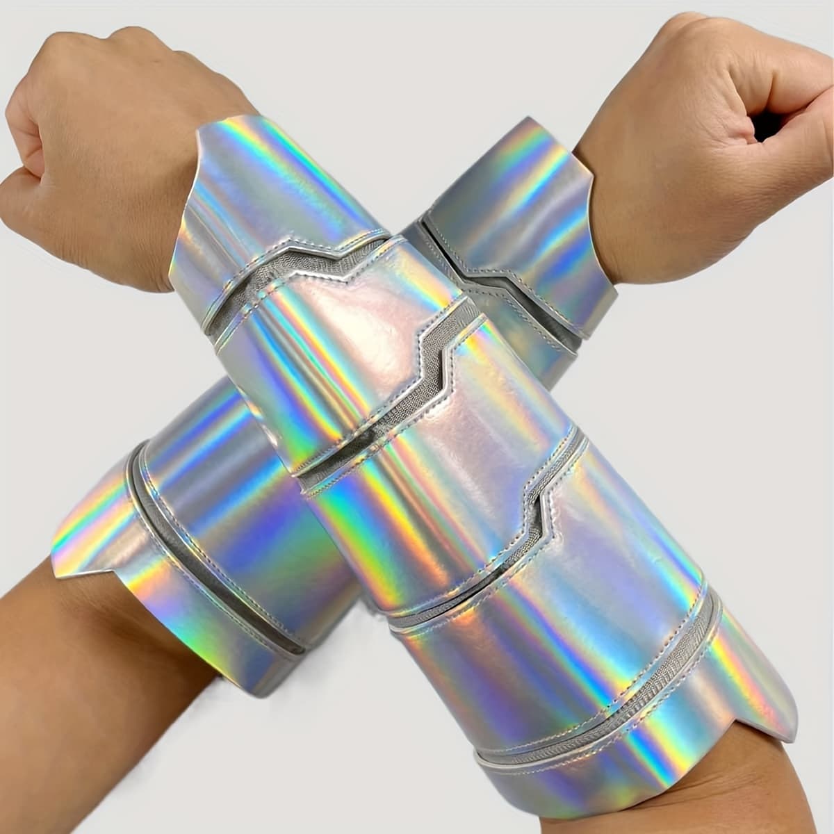 TEMU 1 Pair Golden Silvery Iridescent Faux Leather Wristbands, Stage Makeup Performance Props