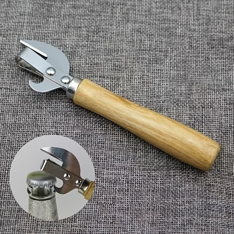 TEMU Stainless Steel Can Opener With Wooden Handle, Manual Can & Bottle Opener, Heavy Duty Kitchen Gadget For Home, Camping And Restaurant Use