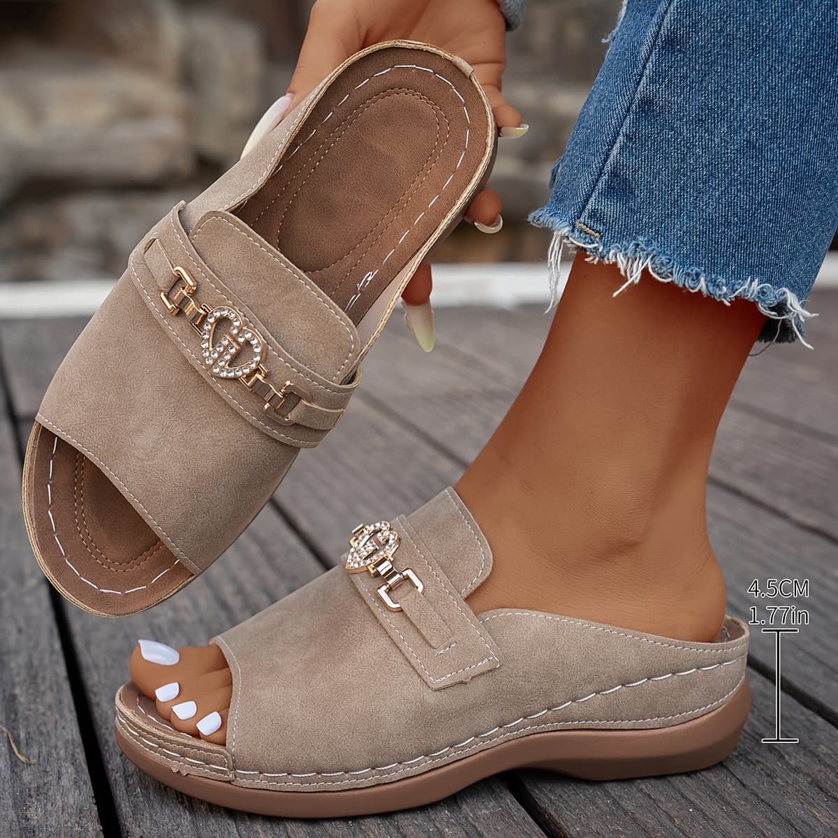 TEMU Women's Plus Size Casual Fashion Comfortable Elegant Simple Thick Platform Versatile Heart Rhinestone Wedge Outdoor Sandals, Women Shoes thumbnail 2