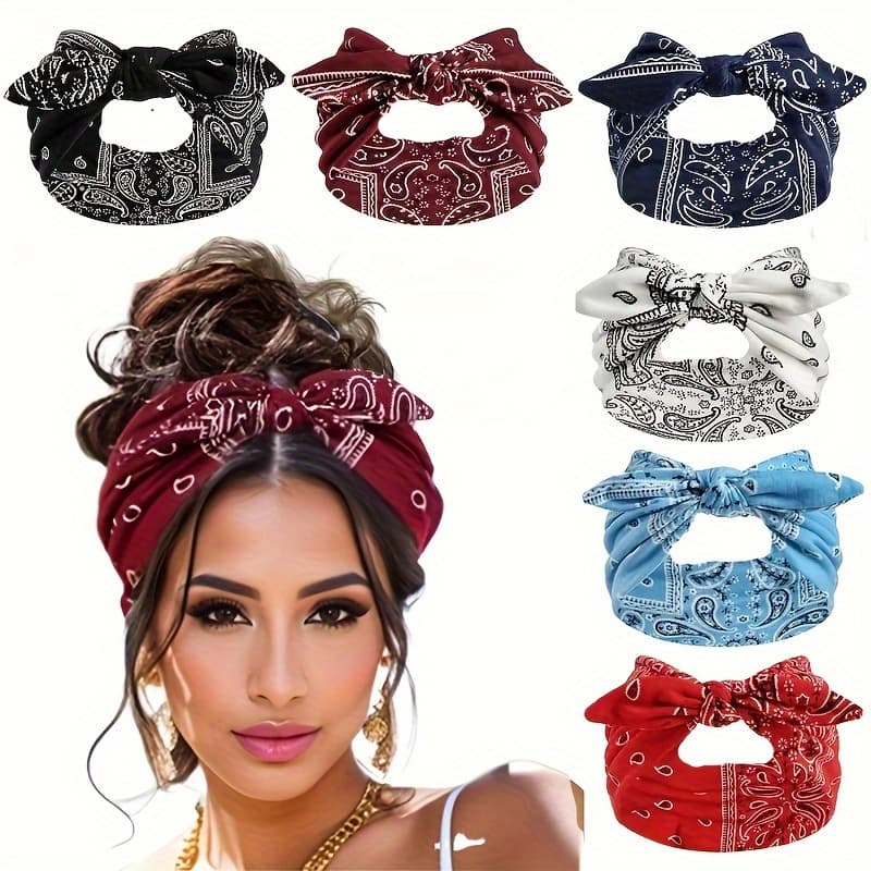 TEMU 6pcs Bohemian Flower Women's Bow Elastic Sports Headbands - Loose Elastic Headscarves, 6 Colors (sky Blue/ Black/ Navy/ Wine Red/ White/ Red) Suitable For All , Outdoor And Daily Wear