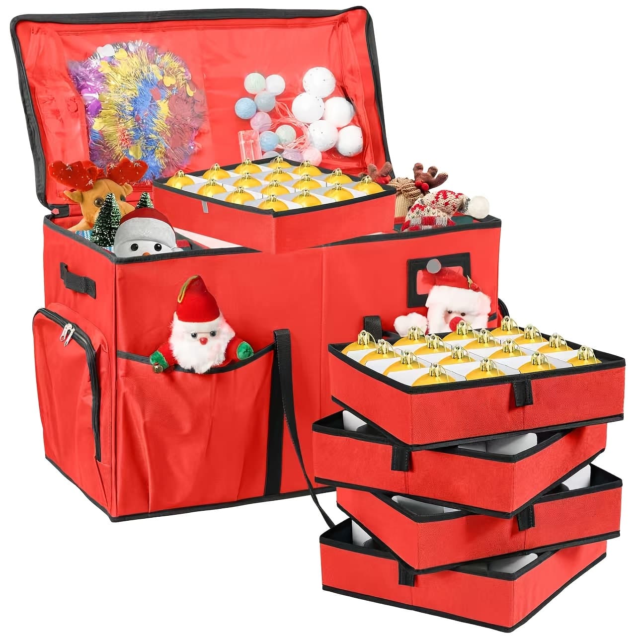 TEMU Large Capacity Christmas Ornament Storage Box | 2-in-1 Christmas Ornament Organizer & Christmas Figurine Container With 5 Trays, 6 Adjustable Storage Grids, Closure, Oxford Cloth, Red & Green