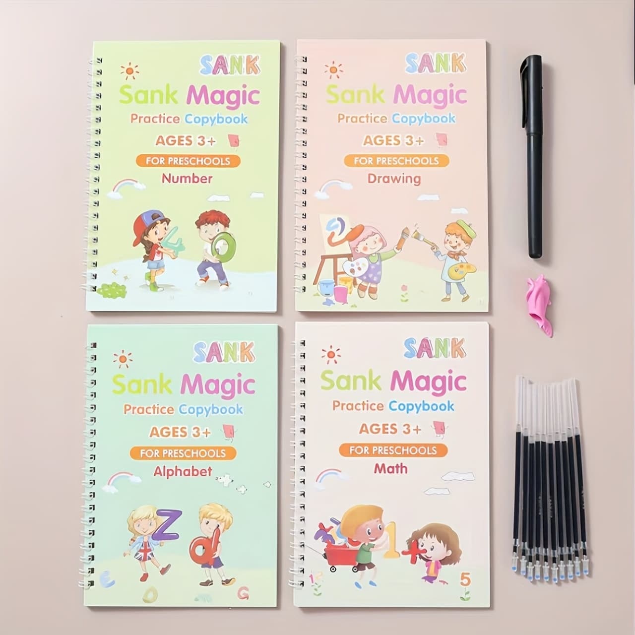 TEMU 4 Magical Magic Handwriting Practice Books - Includes 1 Pen 8 Refills 1 Pen Case - Reusable Grooved Handwriting Practice Book - Math, Words, Drawing - Children's Gift