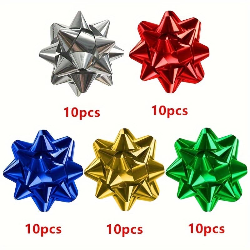 TEMU 50pcs Self-adhesive Christmas Bows, 2inch Electroplated Flowers, Five-color Mixed Ribbon Bows, Gift Ribbons For Holidays, Parties, Weddings, Valentine's Day, Easter And Daily Gift Wrapping Decor
