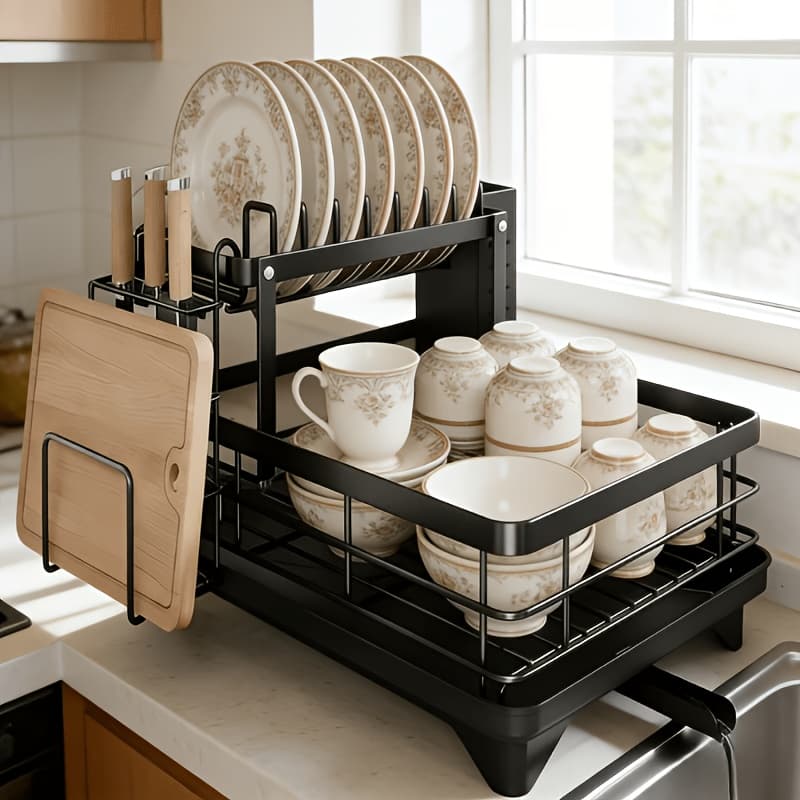 TEMU A Two-level Dish Drying Rack Featuring A And Utensil Holder, This Spacious Kitchen Dish Rack Includes A Cup Holder And A Hook For Cutting Boards. Made From Rust-resistant Metal