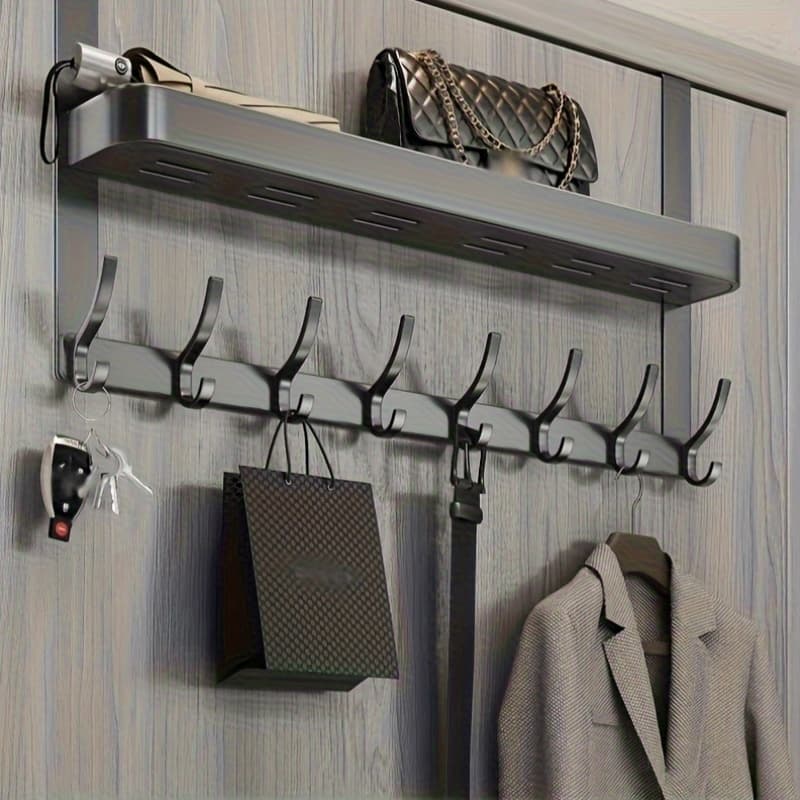 TEMU 1pc Of An 8-hook Stylish Over-the-door Organizer With A Storage Rack - Without Drilling, Yz Door Hook Suitable For Bedroom, Bathroom, Or Entryway - Ideal For Hanging Clothes, Bags, Keys