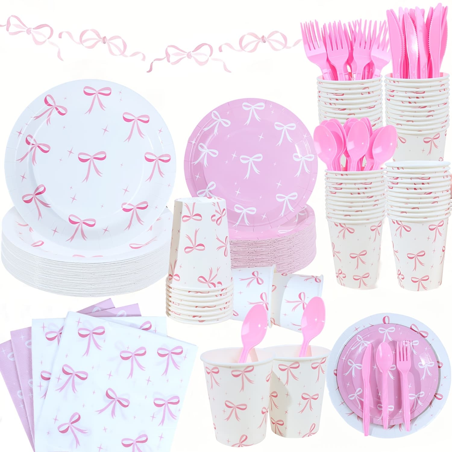 TEMU 168pcs Pink Bow Party Supplies Set, 48 Plates, 24 Cups, 24 Napkins, 24 Plastic Forks, 24 Knives & 24 Spoons, Serves 24 Guests