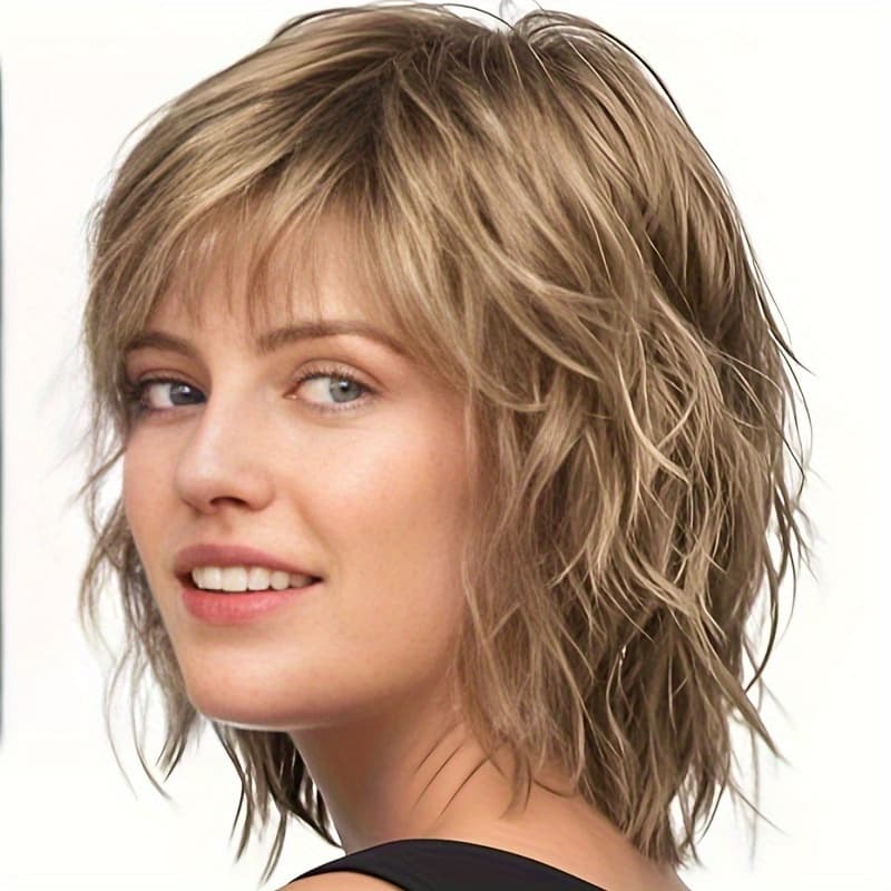 TEMU Women's Shoulder-length Wavy Wig, Brown Short Wavy Wig With Bangs, 10-inch Synthetic Heat-resistant Wig For Daily Use And Halloween