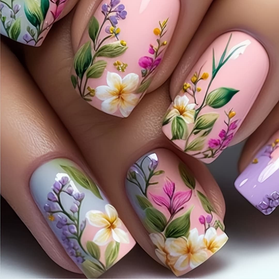 TEMU 24pcs Medium Square Press-on Nails, Floral Press-on Faux Nails, With Jelly Glue And Nail File, Suitable For Women And For Festivals, Daily Wear