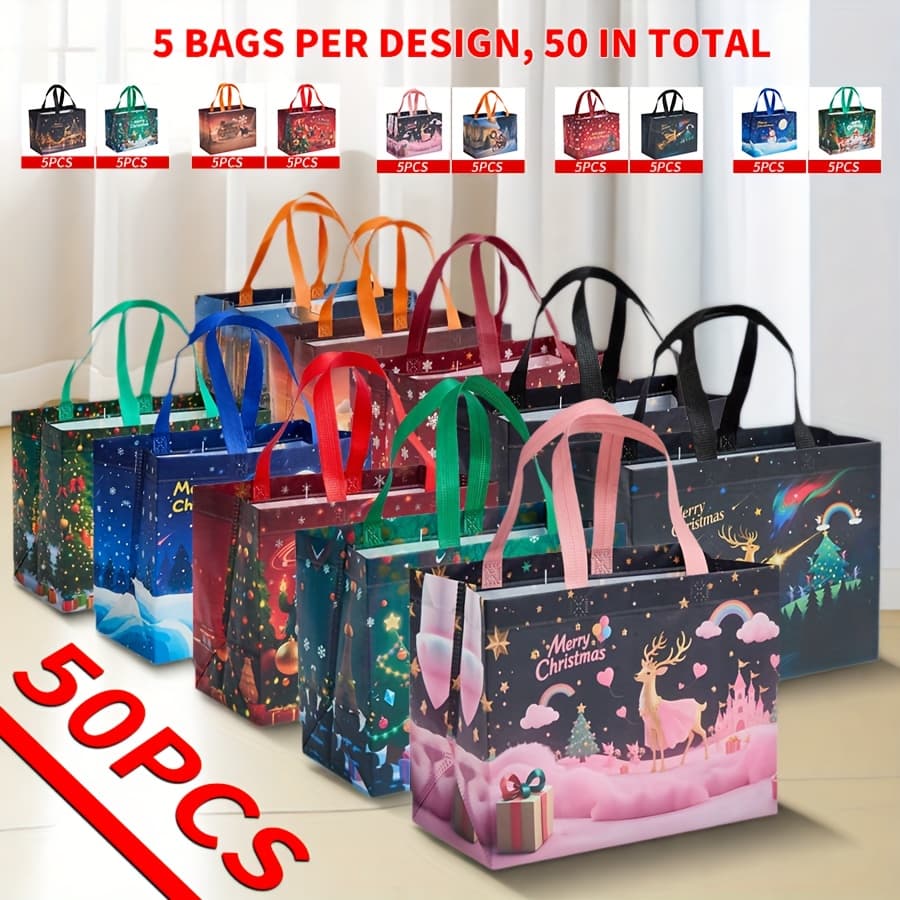 TEMU Festive - 50 Pack Reusable Non-woven Bags For Christmas Presents & Holiday Decor, All Season, Grocery Shopping Bag, Picnic Bag, Reusable Shopping Bag