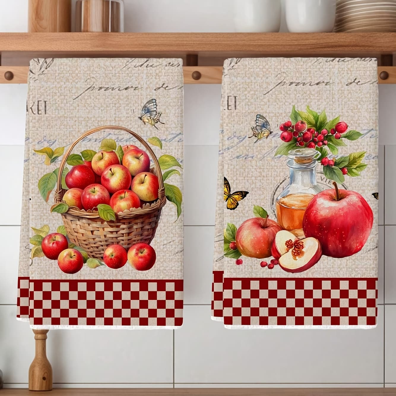 TEMU 2pcs Basket And Juice Pattern Kitchen Towels | Soft, Durable Polyester, Machine Washable, Ideal For Cooking, Baking, Cleaning, Bathroom, And Table Decor - Decor Gift