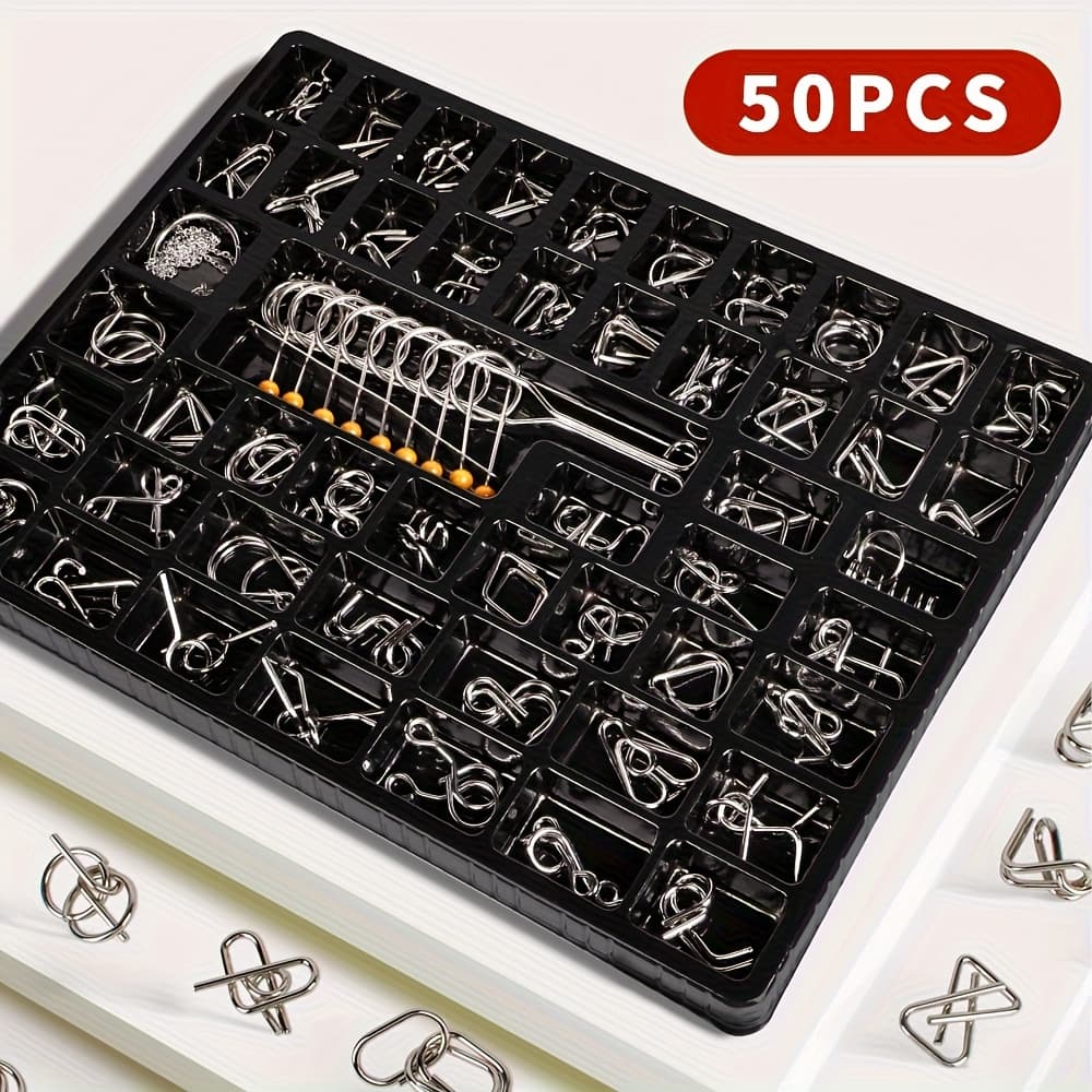 TEMU Set Of 50 Golden Puzzle Game Sets, Educational Toy Games, Unlock Iron Chain Toys, Unlock Link Games, Party, 9 Rings Puzzle Lock Halloween Christmas Gifts