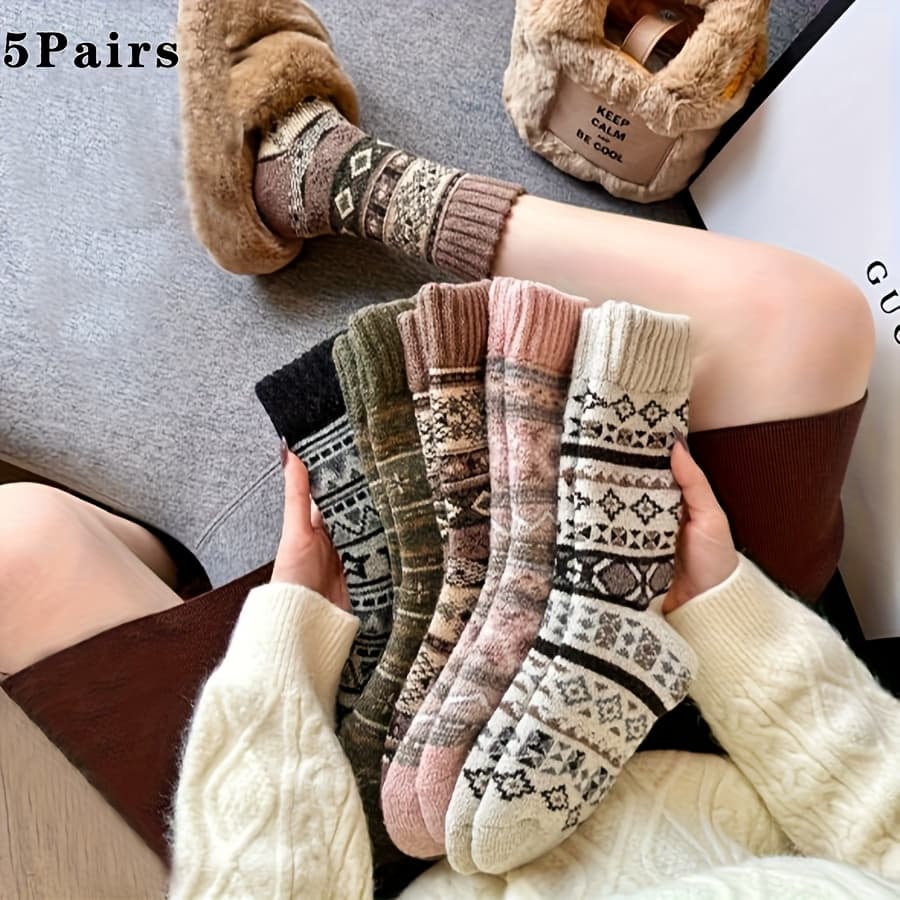 TEMU 5-pair Winter Thickened Vintage Ethnic Style Couple's Warm Terrycloth Mid-calf Socks