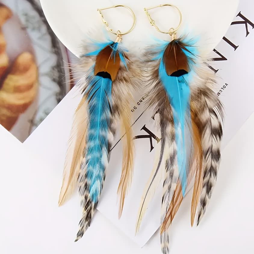 TEMU Colorful Feather Decoration Pendant Earrings, Elegant Bohemian Style Fashion Holiday Earrings