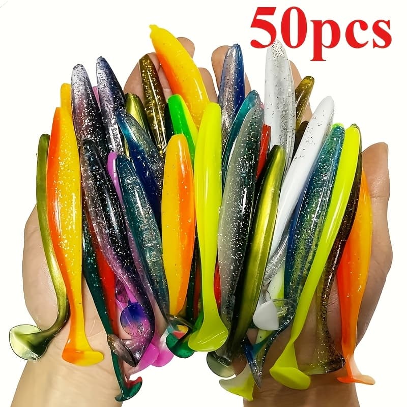 TEMU 50pcs Soft Bait Lure Set, T-tail , Lifelike Fish-shaped Design, Suitable For And Pike Fishing, For Freshwater And Saltwater Use, Multi-, Soft Bait Colors Are Random