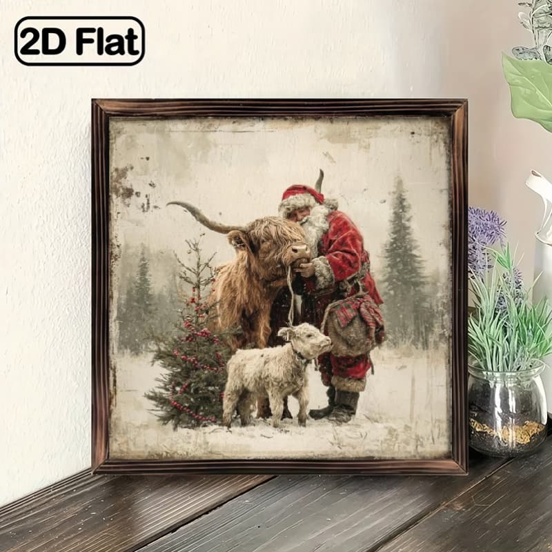 TEMU 2d Flat - Two-dimensional Wall Decoration Featuring Santa And A Highland Cow, Rustic Farmhouse Holiday Art, Vintage Santa Signage