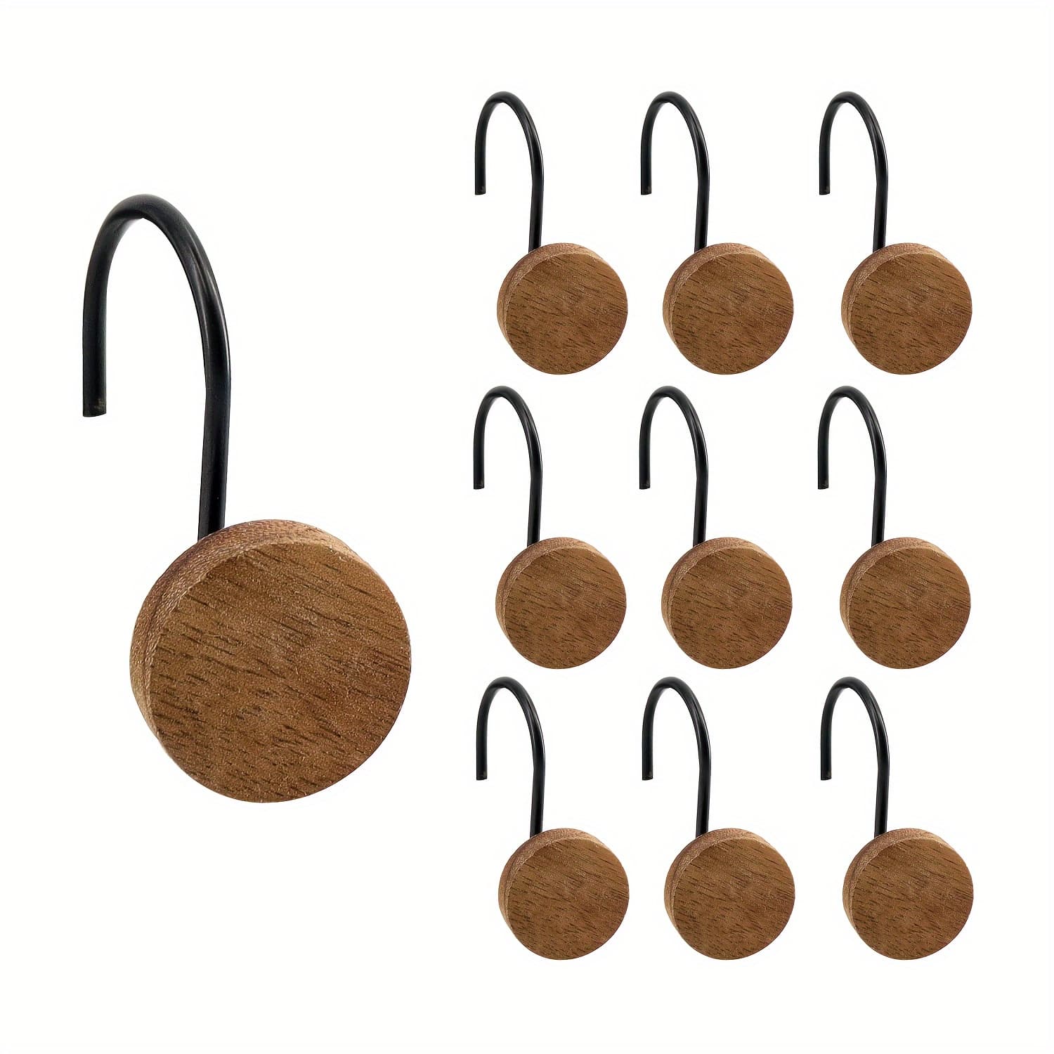 TEMU 12pcs Stainless Steel Metal Shower Curtain Hooks Solid Wood Decorative Rustproof Dustproof Strong Load-bearing Easy To Hang Suitable For Bathroom Bedroom Living Room Kitchen Accessories