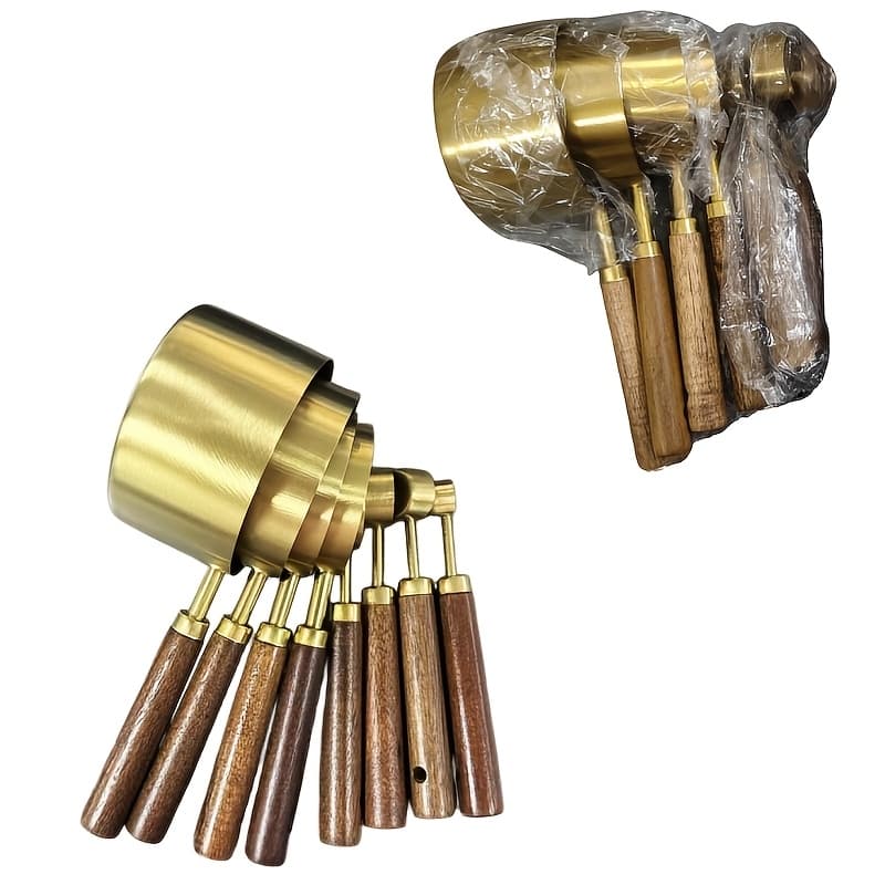 TEMU 8pcs Stainless Steel Measuring Cup And Spoon Set With Wooden Handle, Durable Kitchen Baking Tools, Including Spice And Coffee Spoons, Easy To Store, Food Supplies